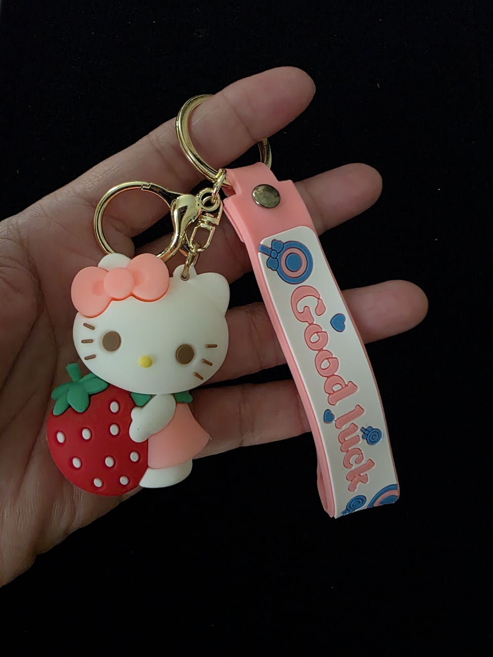Hello Kitty Strawberry Keychain with Pink Good Luck Strap